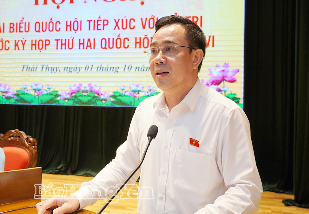 Đồng chí Nguyễn Văn Huy, Phó Trưởng đoàn chuyên trách Đoàn ĐBQH tỉnh phát biểu tại hội nghị.