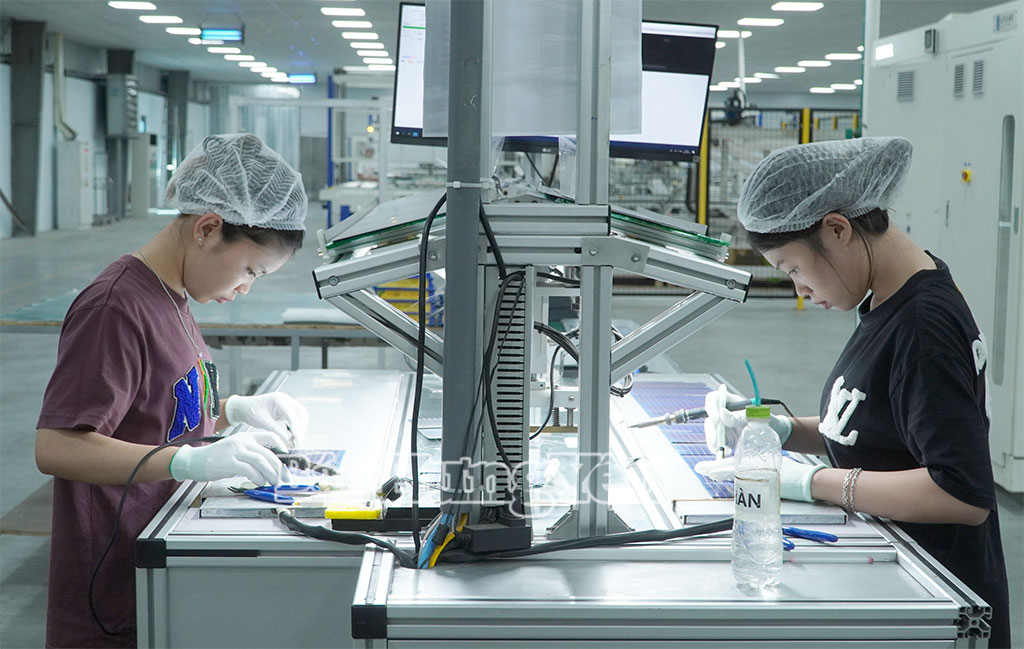 Công nhân Nhà máy AD Green, Công ty Cổ phần Damsan (phường Trà Lý) hàn mạch điện mô-đun pin năng lượng mặt trời.